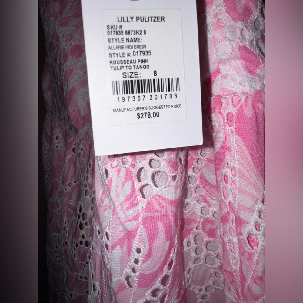 NWT Lilly Pulitzer Allarie 8 Midi Dress Rousseau Pink White Eyelet Tulip Tango - Picture 5 of 5